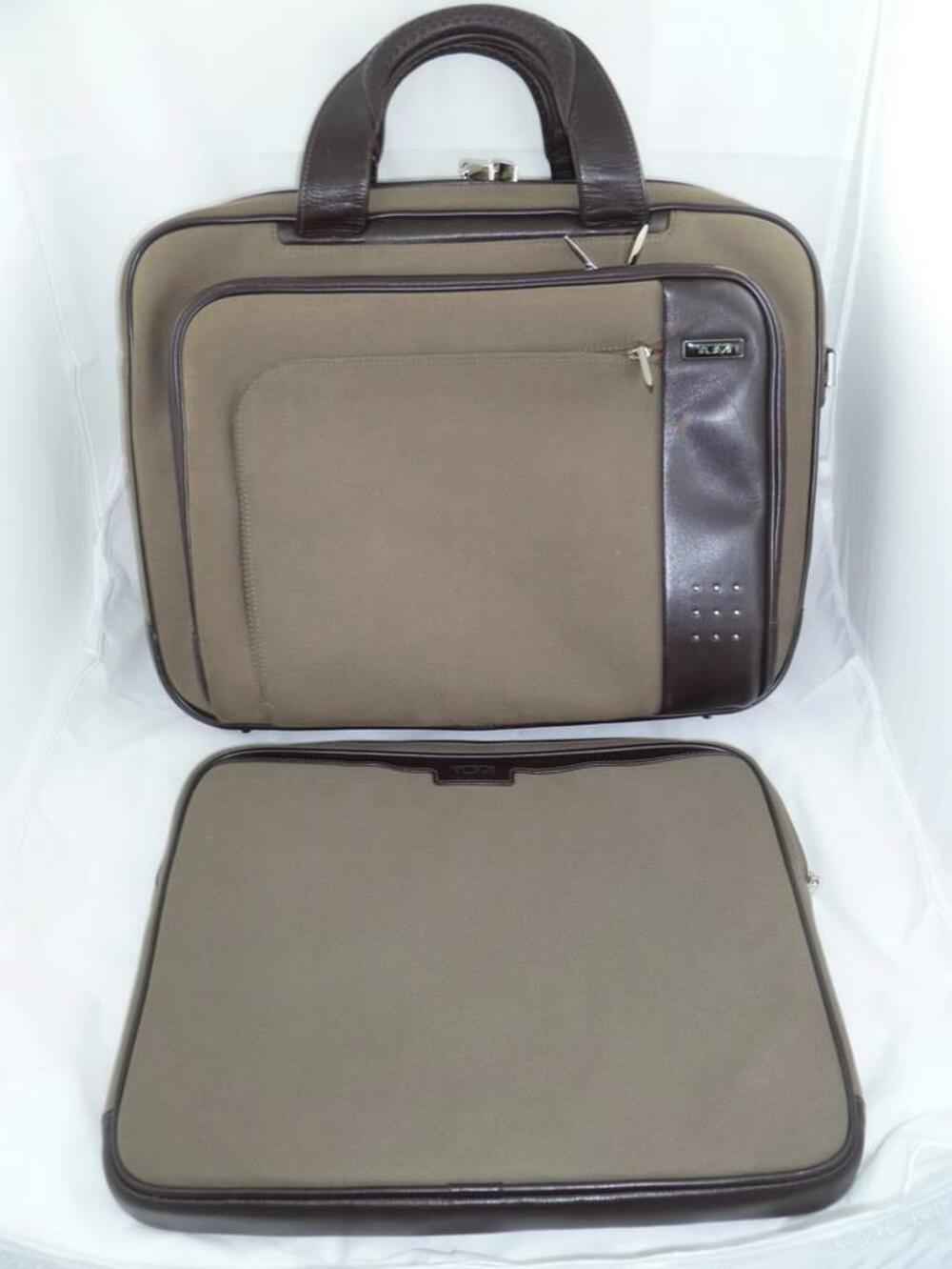 TUMI USED OLIVE GREEN CANVAS/LEATHER LAPTOP/BUSINESS PORTFOLIO/BRIEFCASE+SLEEVE